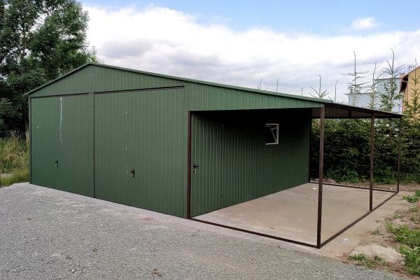 Blaszany garaż 6x6m + daszek 2,5x6 - ciemny zielony matowy