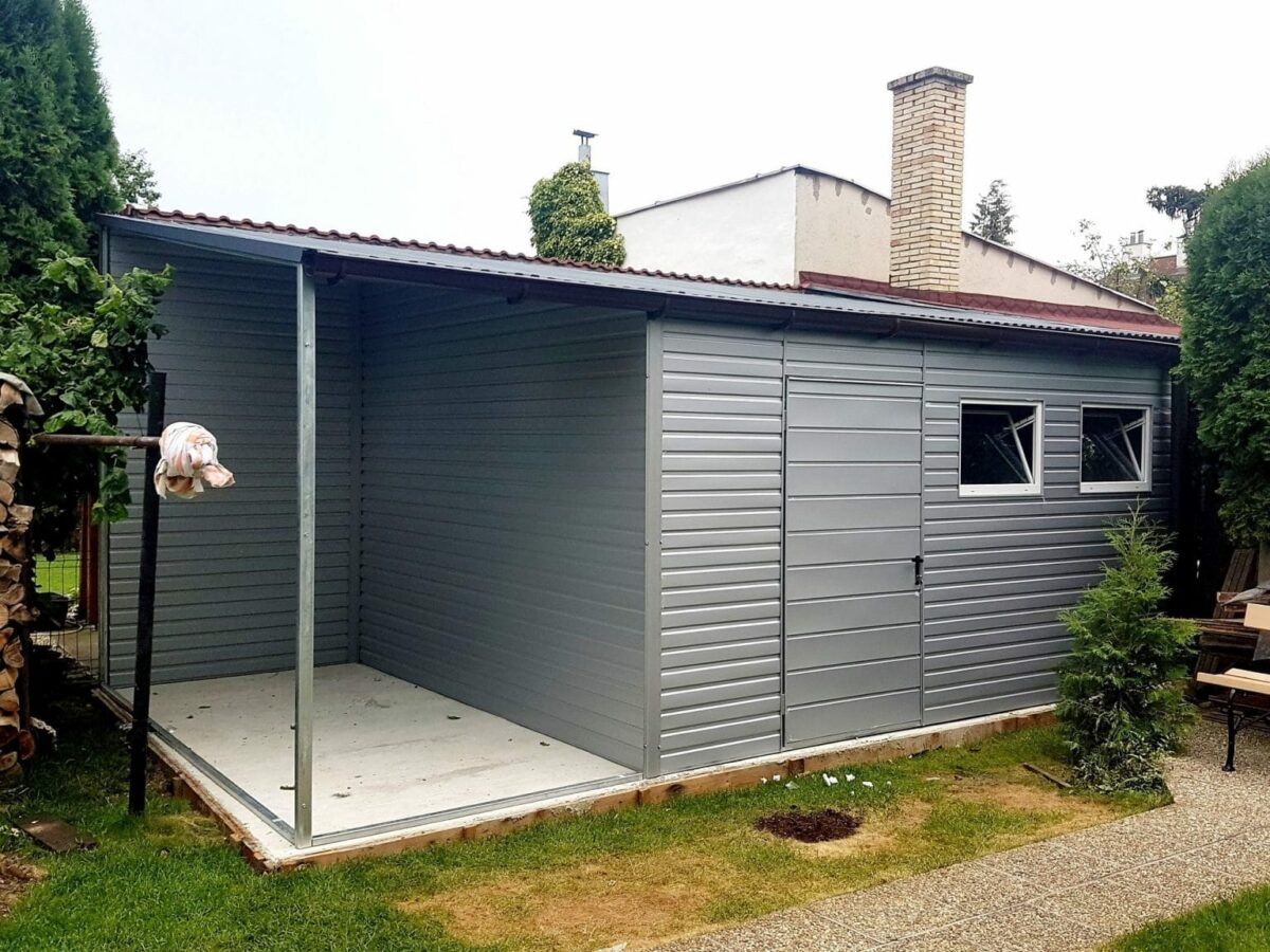 Domek ogrodowy 5×4m + zadaszenie 2x4m - srebrny