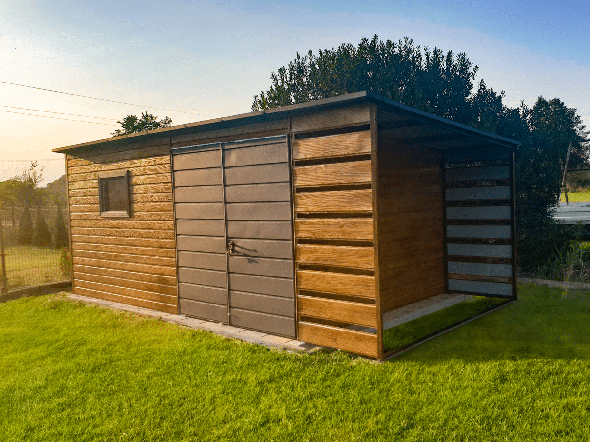 4 1 - Domek ogrodowy 5×3 m + zadaszenie 1x3 m – złoty dąb ciemny/ ciemny grafit matowy