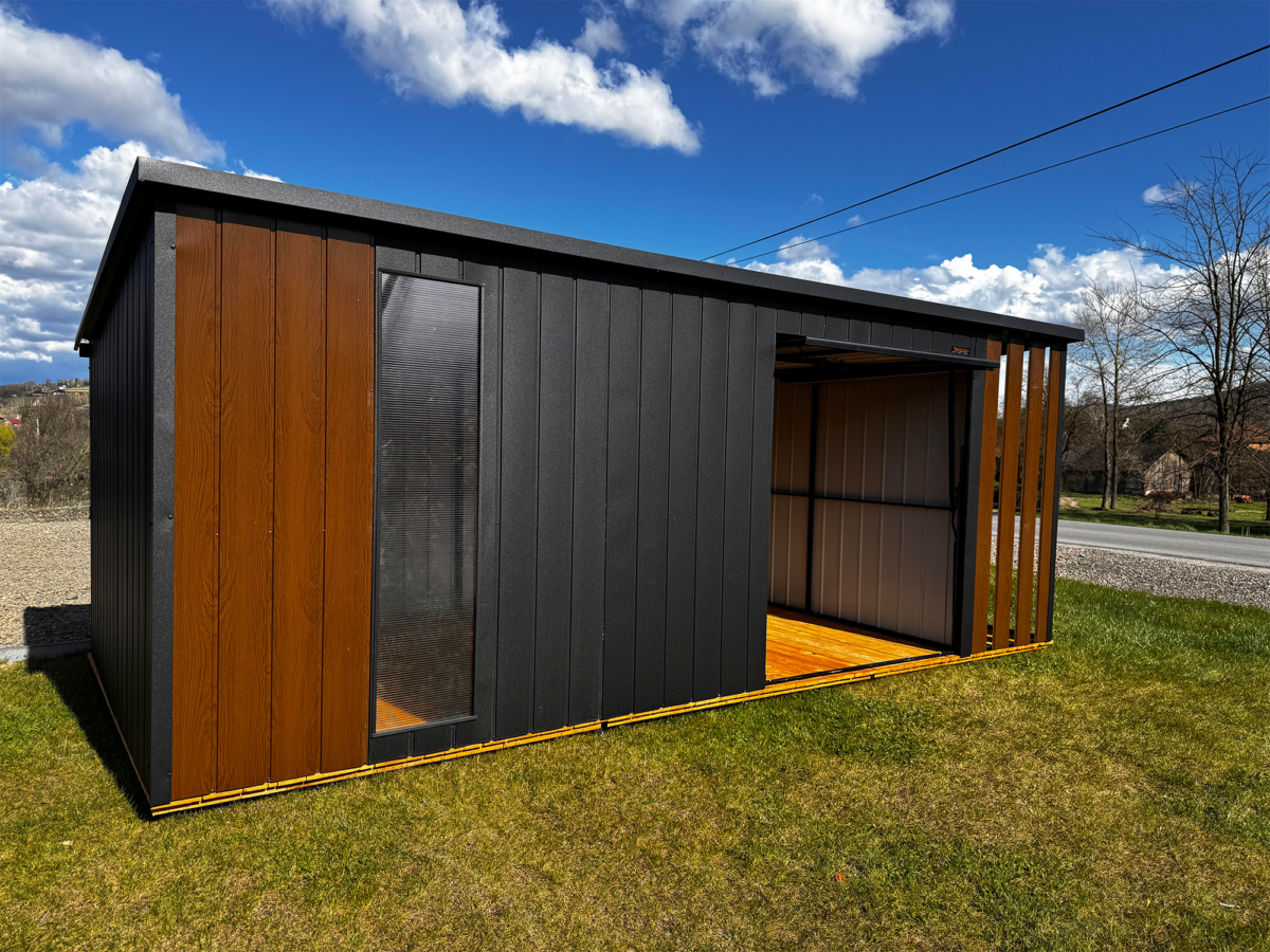 1 - Domek ogrodowy 5×3 m + zadaszenie 1x3 m – czarny matowy/orzech